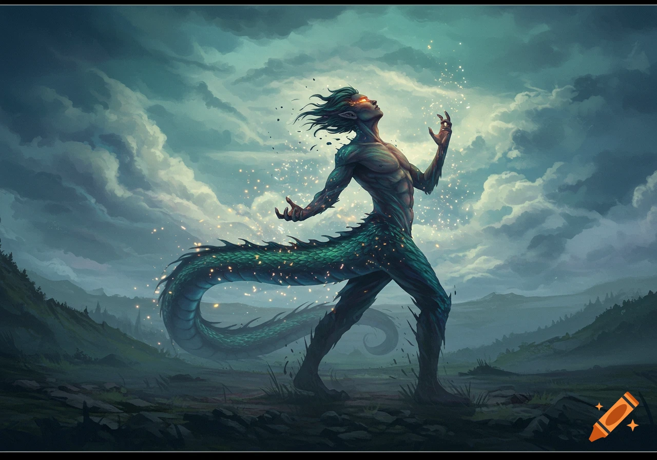 Fantasy digital painting of a muscular, scaly man transforming into a dragon, glowing with magic under a cloudy sky and misty mountains.
