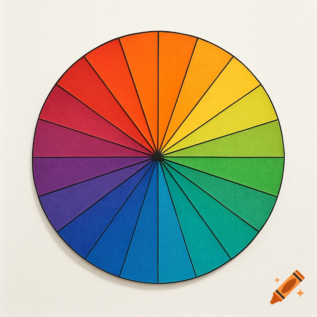 A vibrant color wheel with 18 distinct, equally sized slices arranged in a full spectrum.