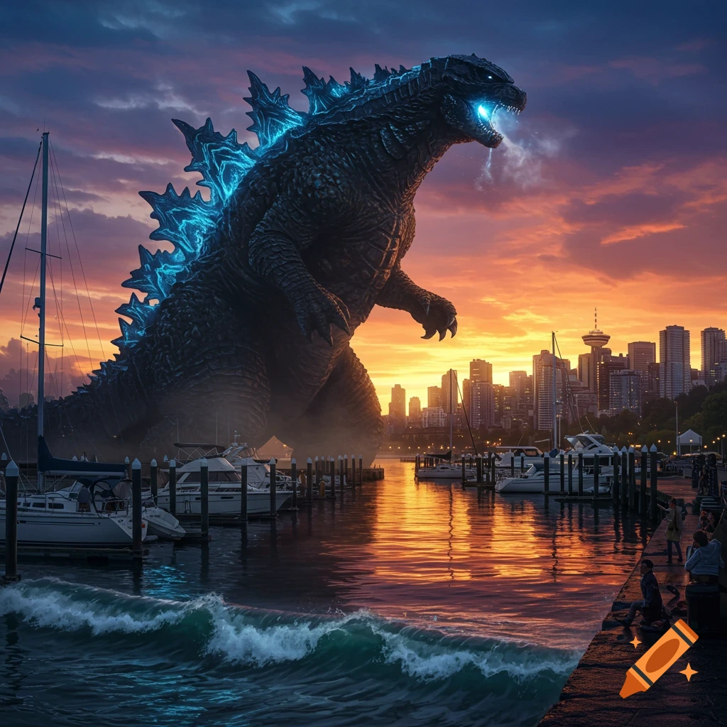 Giant Godzilla stands in a marina with glowing blue spikes and mouth, overlooking a city skyline at sunset.