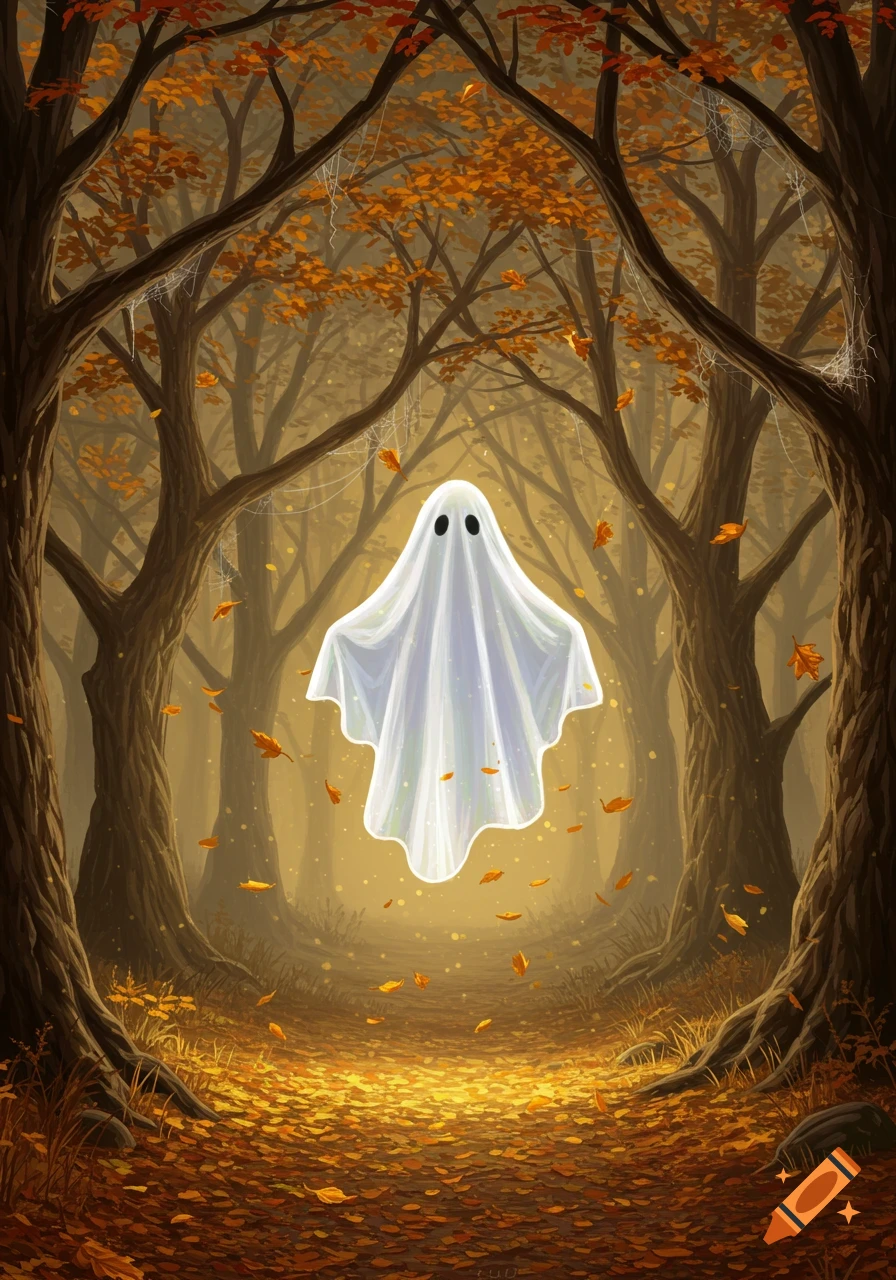 A cute white sheet ghost with two black eyeholes floats in an autumn forest with orange and yellow leaves falling around it.