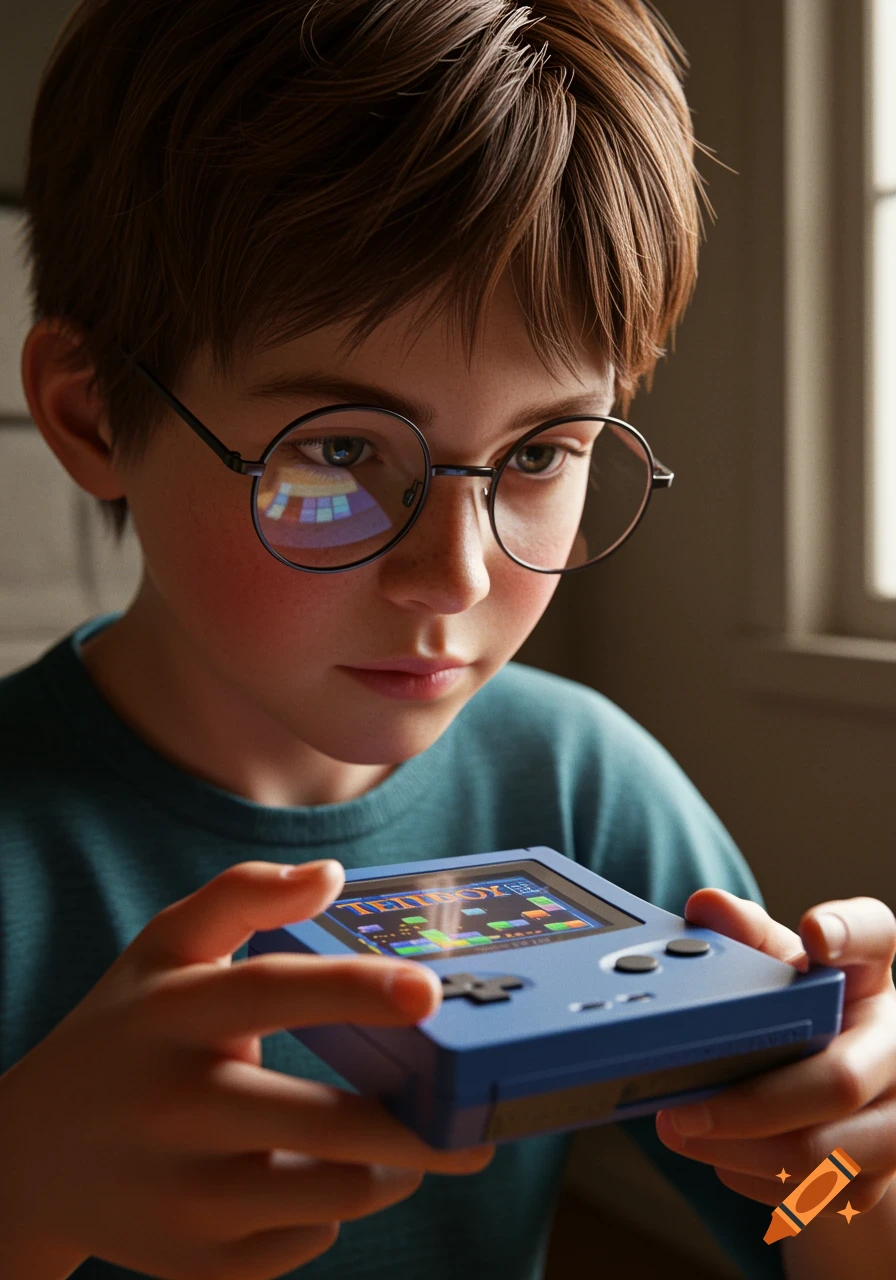 Photorealistic image of a young boy with glasses intently playing a blue handheld video game console, featuring Tetris-like blocks.