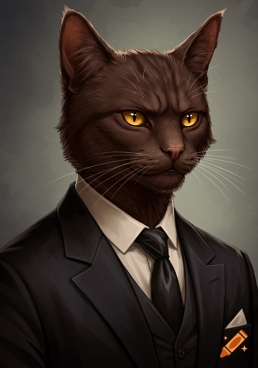 Digital painting of a dark brown anthropomorphic cat in a black tuxedo with amber eyes and a slight scowl.