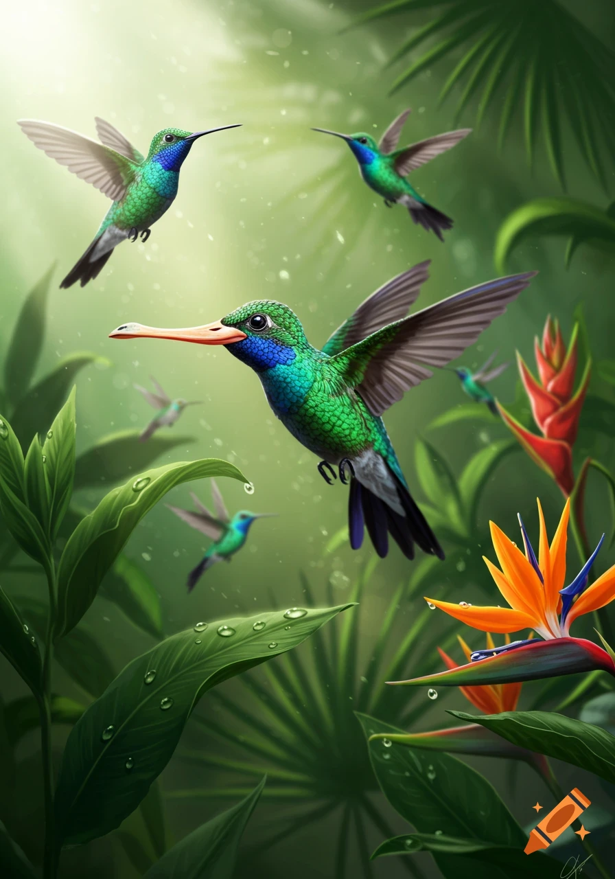 Vibrant green hummingbirds, one with a prominent duck beak, fly amidst lush tropical leaves with water droplets and orange Bird of Paradise flowers.