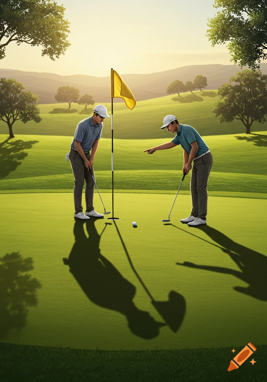 Two golfers on a putting green at sunset, one about to putt, the other pointing near the hole. Photorealistic style.