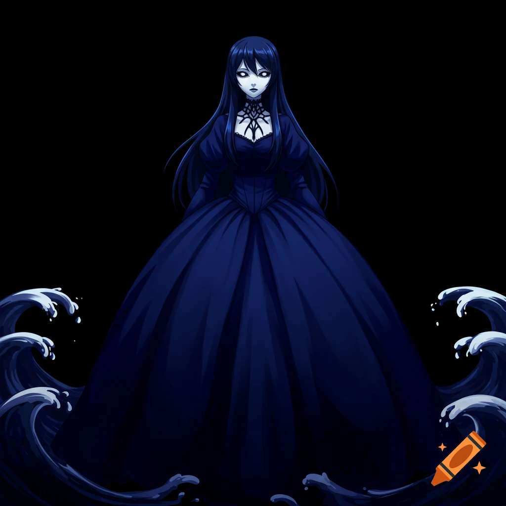 Anime girl with dark blue hair and white eyes in a voluminous dark blue gothic dress, surrounded by stylized dark blue waves on a black background.