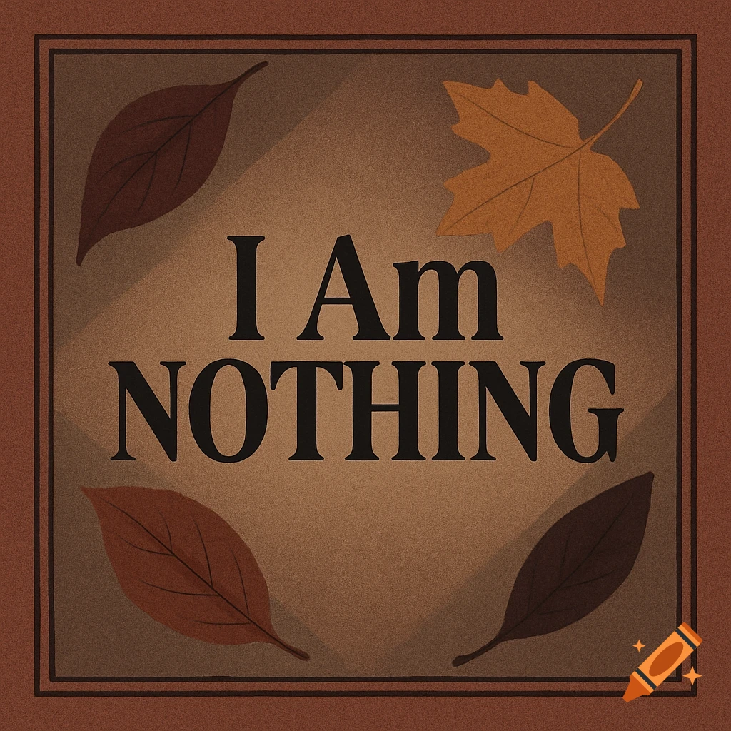 An autumnal logo with 'I Am NOTHING' text, featuring brown and orange leaves on a textured background.