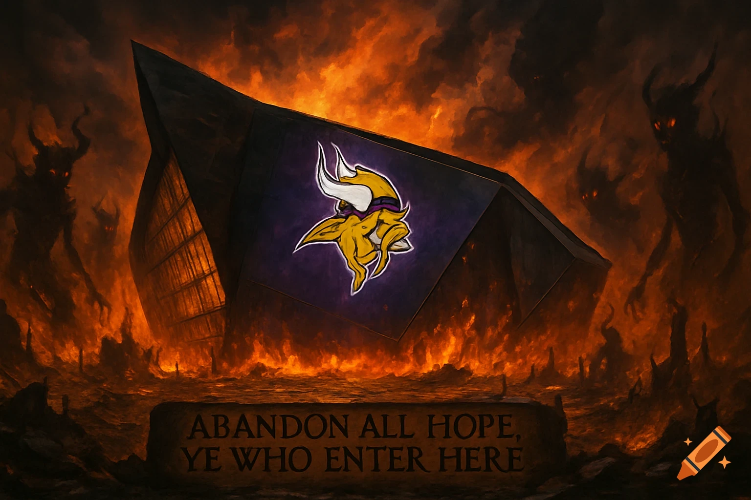 Minnesota Vikings logo on a dark structure in a fiery hellscape with shadowy demons. Text: 'Abandon all hope, ye who enter here'.