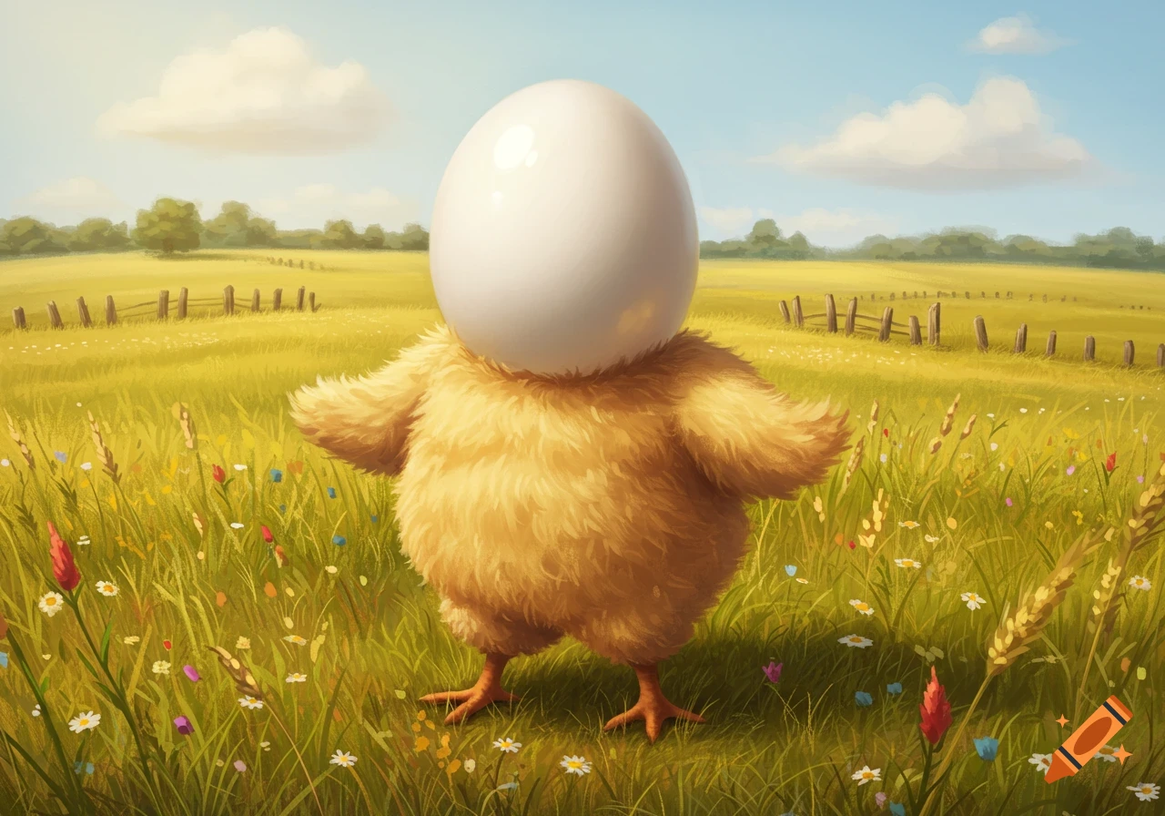 A whimsical yellow chick with a white egg head stands in a bright, grassy field with wildflowers.