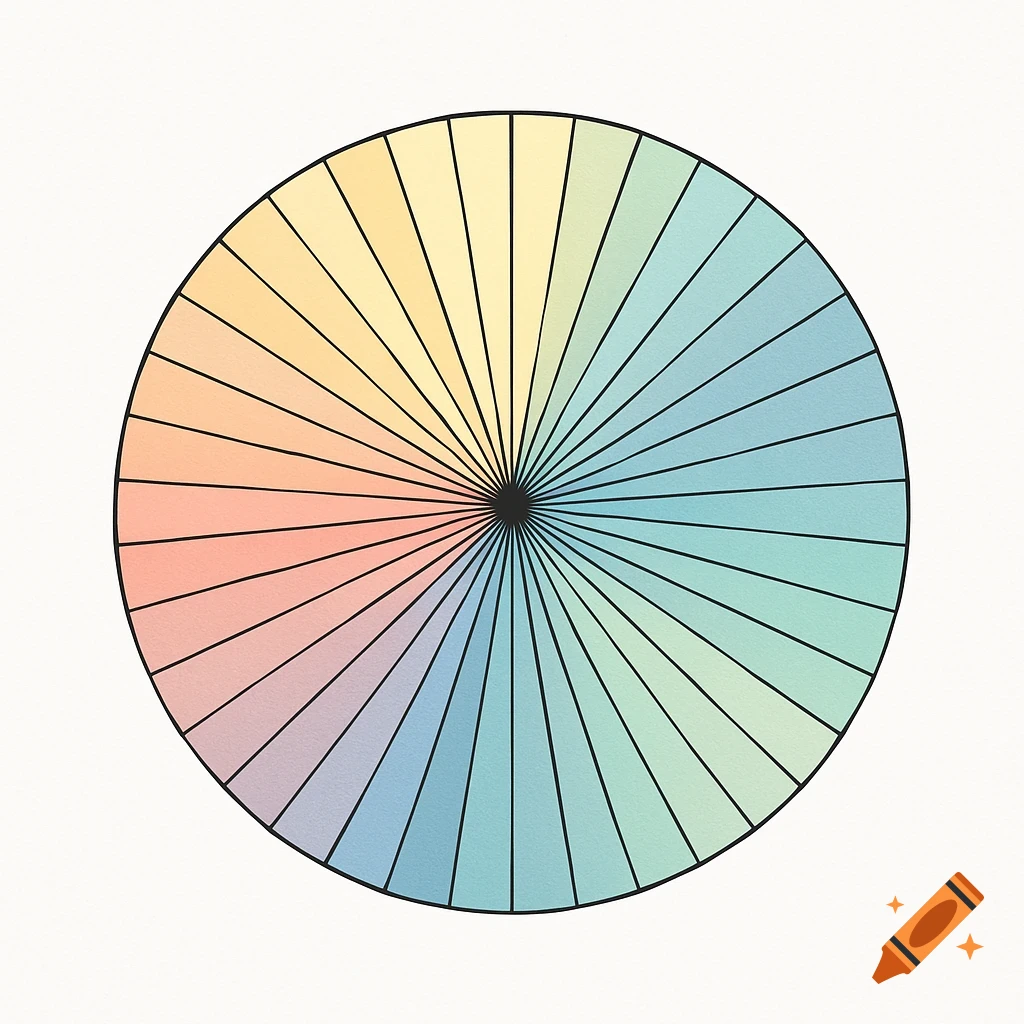 A circle divided into 36 equal slices, displaying a smooth gradient of pastel colors from yellow and orange to blue and green.