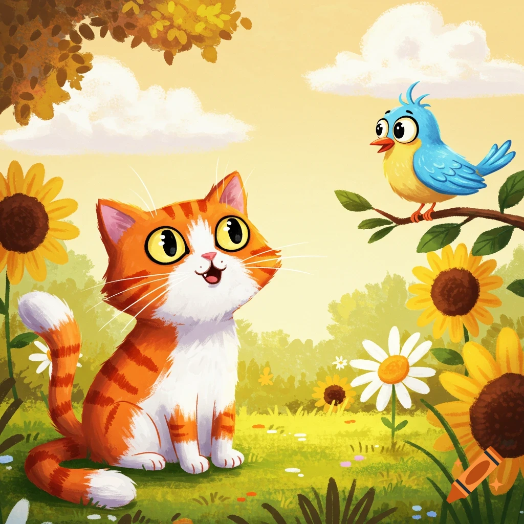 A cute cartoon orange and white cat sits in a sunny field of flowers, looking up at a blue cartoon bird perched on a branch.
