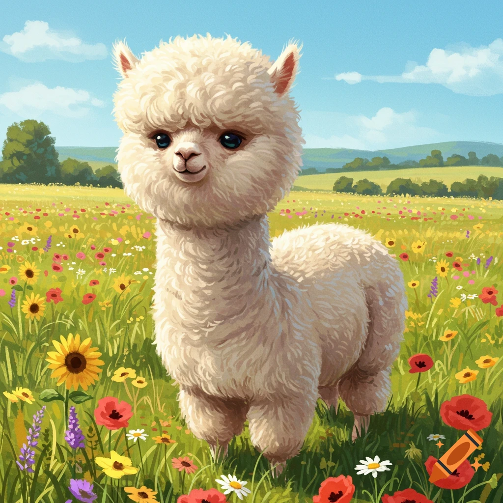 A cute, fluffy white alpaca stands in a vibrant field of colorful wildflowers under a blue sky.