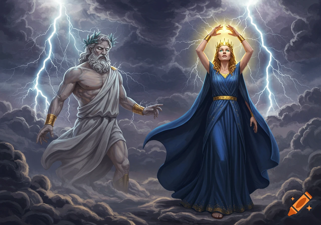 Zeus and a powerful queen in a blue gown stand among stormy clouds with lightning, the queen's hands glowing with magic.