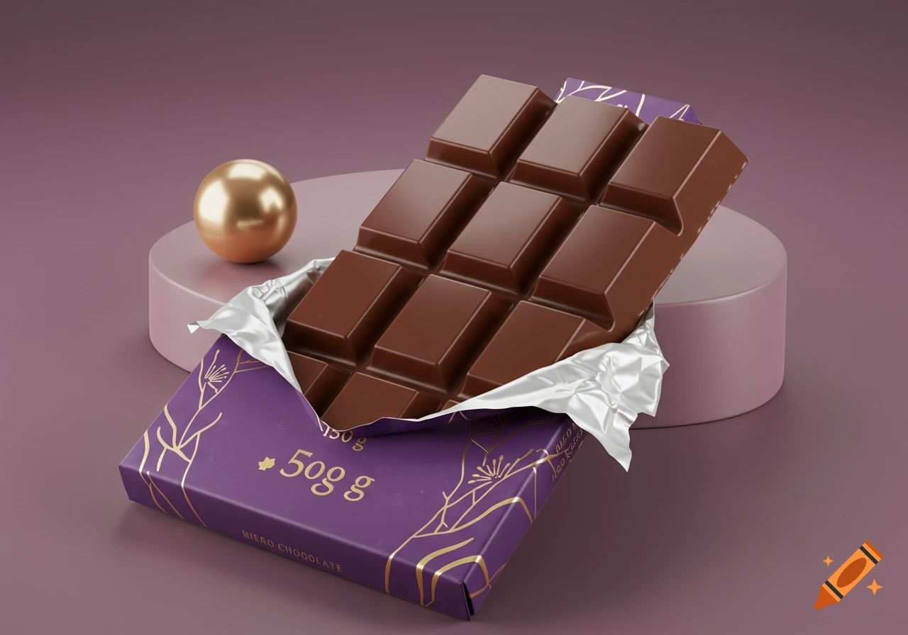 A chocolate bar with purple and gold packaging and silver foil, next to a golden sphere on a pink pedestal, against a purple background.
