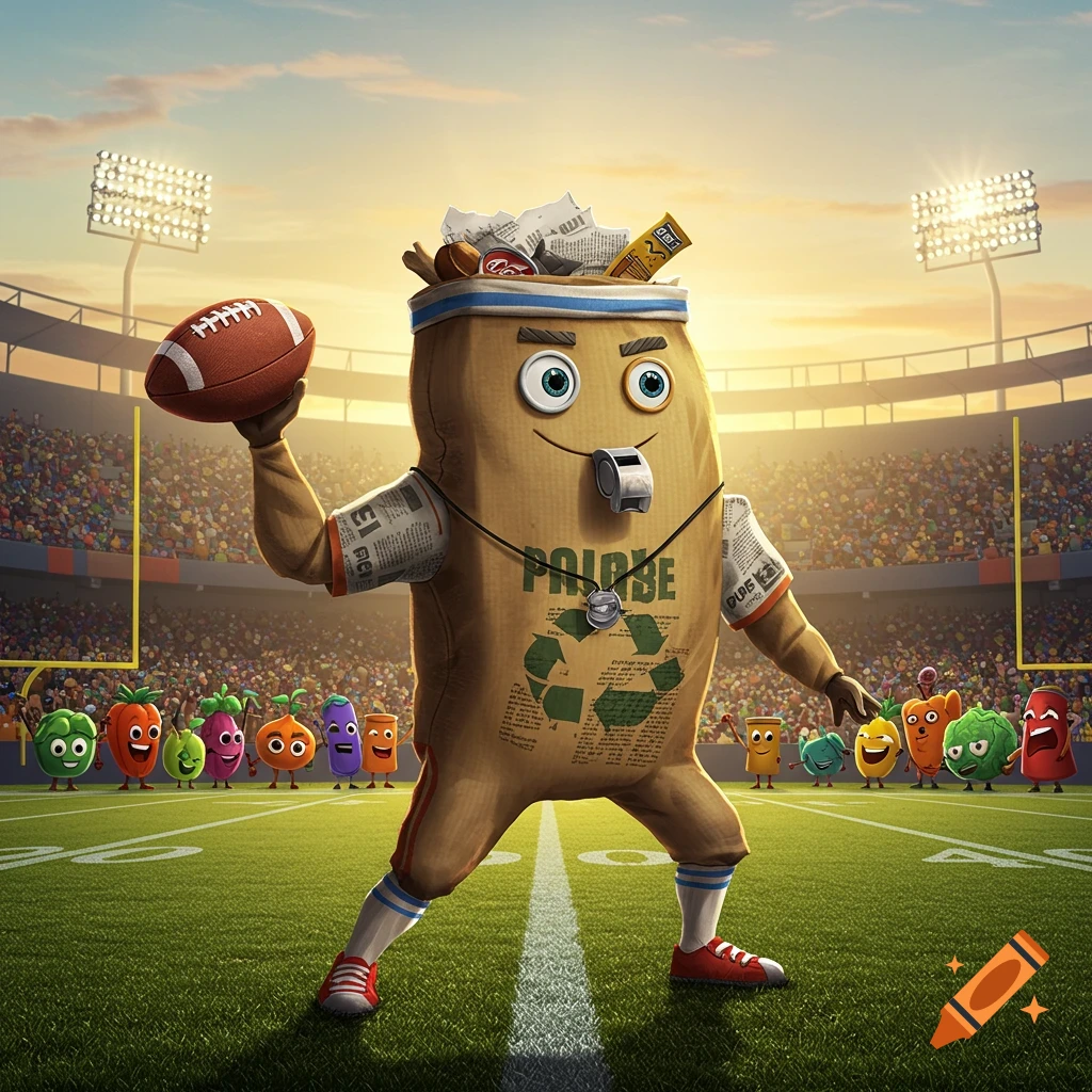 A cartoon trash bag mascot, holding a football, stands on a stadium field with cheering vegetables in the background.
