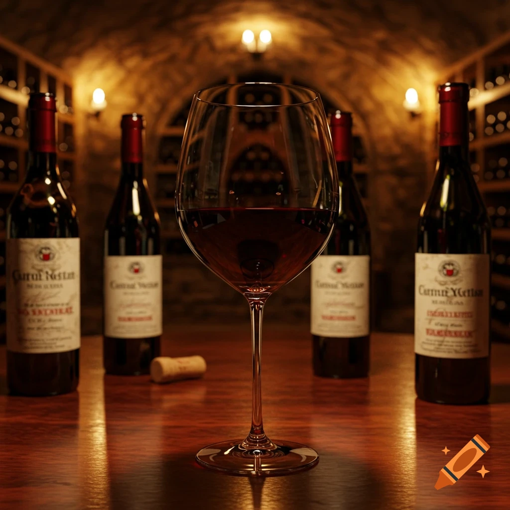Photorealistic red wine glass and bottles on a wooden table in a dimly lit wine cellar.