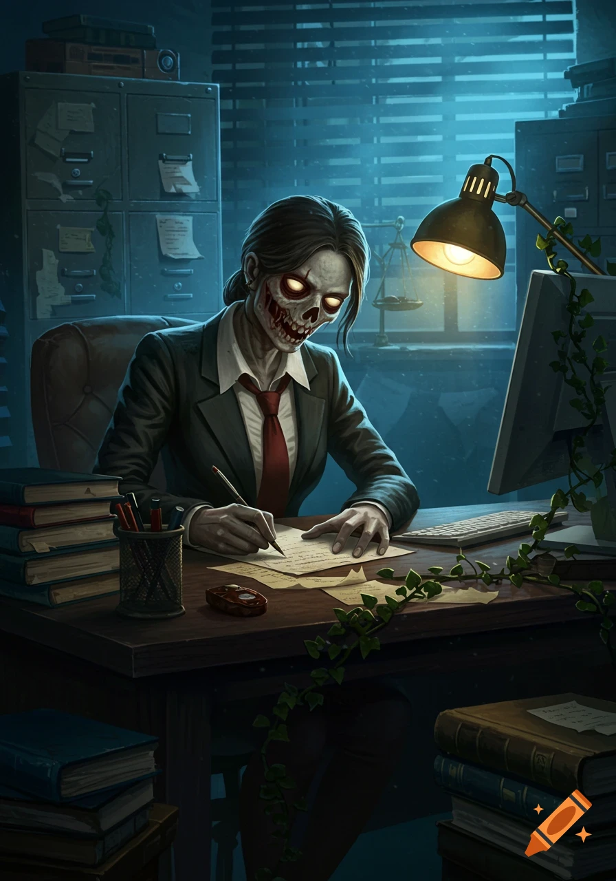 A grim zombie paralegal in a dark office, writing at a desk under a lamp, with glowing red eyes and decaying flesh. Stylized digital art.