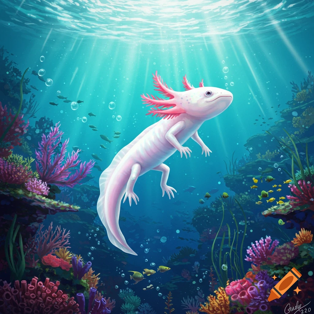 A white axolotl with pink gills swims gracefully in a vibrant, sunlit coral reef, digital art.