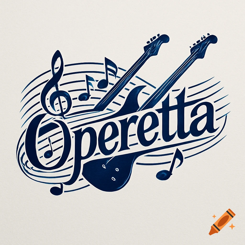 Blue logo for Operetta with stylized text, musical notes, and two electric guitar necks on a light background.