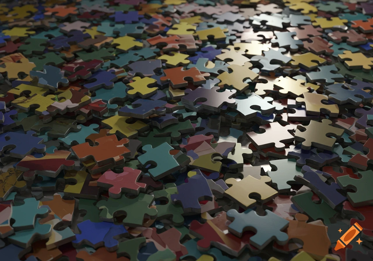A close-up, eye-level shot of a large pile of colorful, disorganized puzzle pieces, some reflecting light.