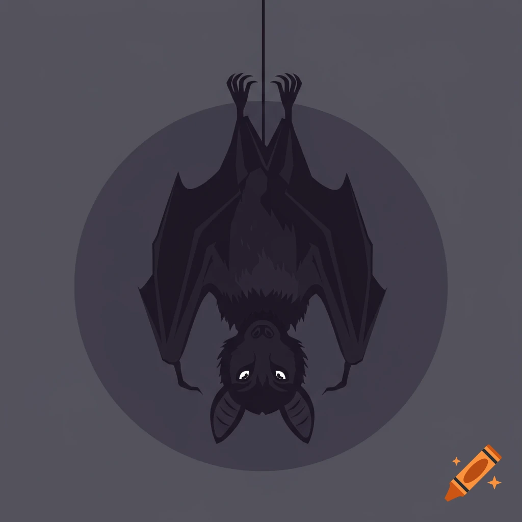 A dark cartoon bat hangs upside down from a string against a grey background with a faint circle.