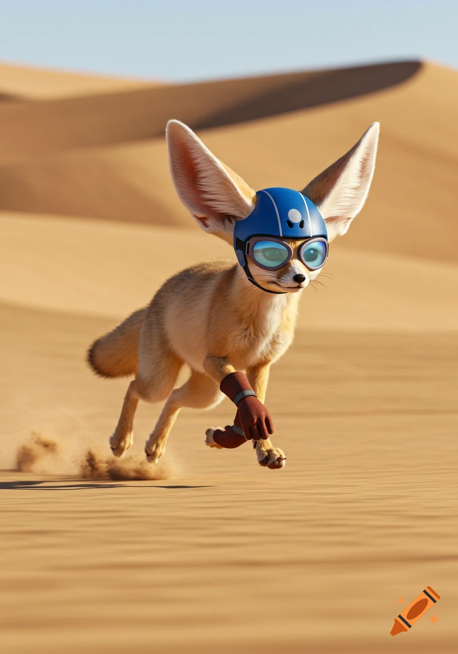 A fennec fox in a blue helmet and goggles with dark red gloves runs through a sandy desert, kicking up dust.