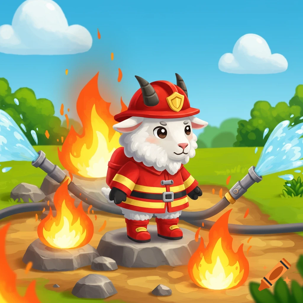 A cute cartoon mountain goat firefighter in a red suit sprays water on fires in a grassy field, in FarmVille style.