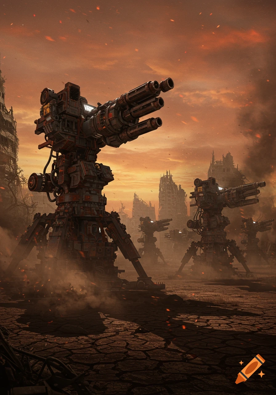 Photorealistic scene of large, tripod-mounted weapon turrets in a smoky, desolate apocalyptic cityscape at sunset.