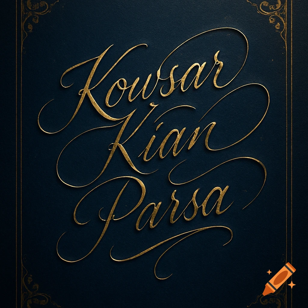 Elegant gold calligraphic text 'Kowsar Kian Parsa' on a dark blue background with ornate gold borders.