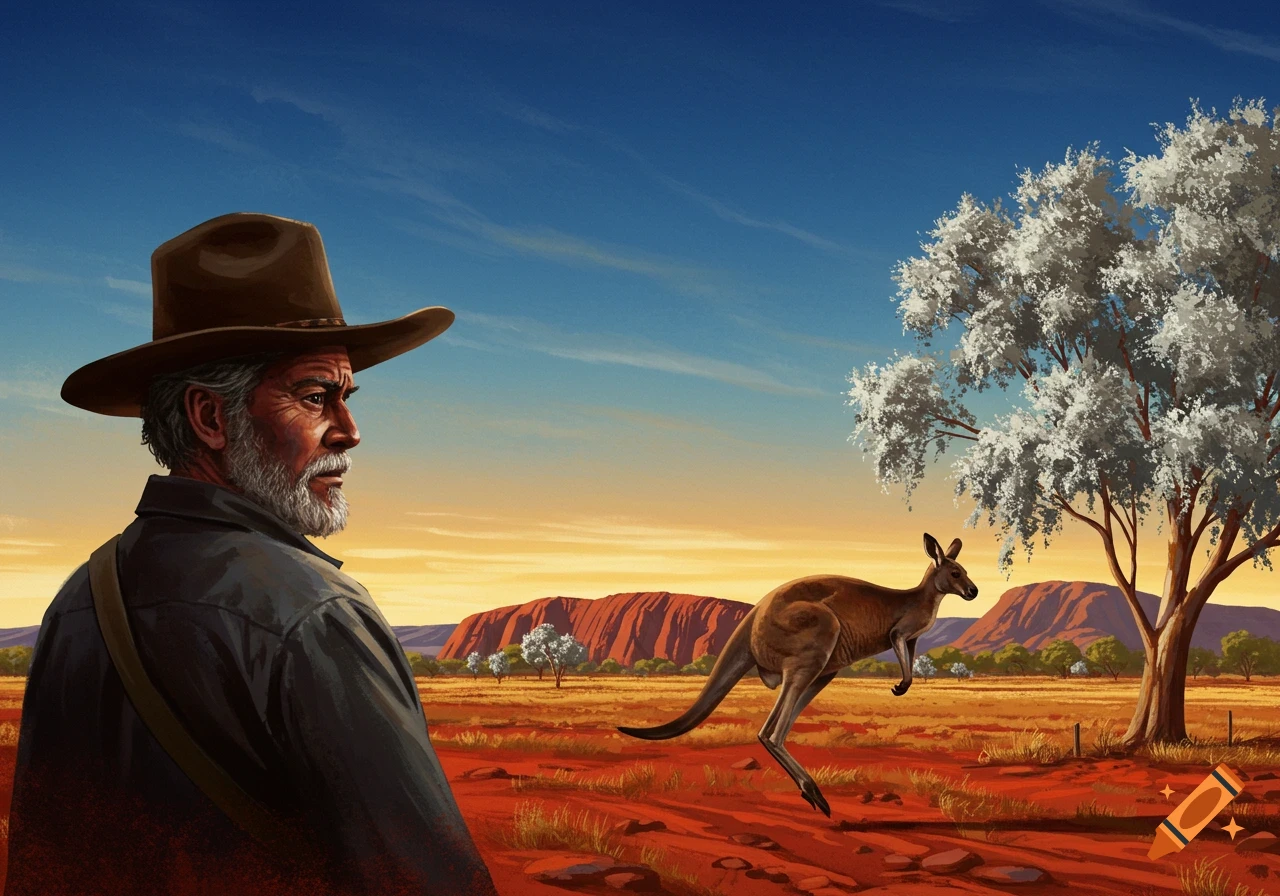Painted scene of an older man in a hat looking right, a kangaroo hopping in a red Australian desert landscape with Uluru at sunset.