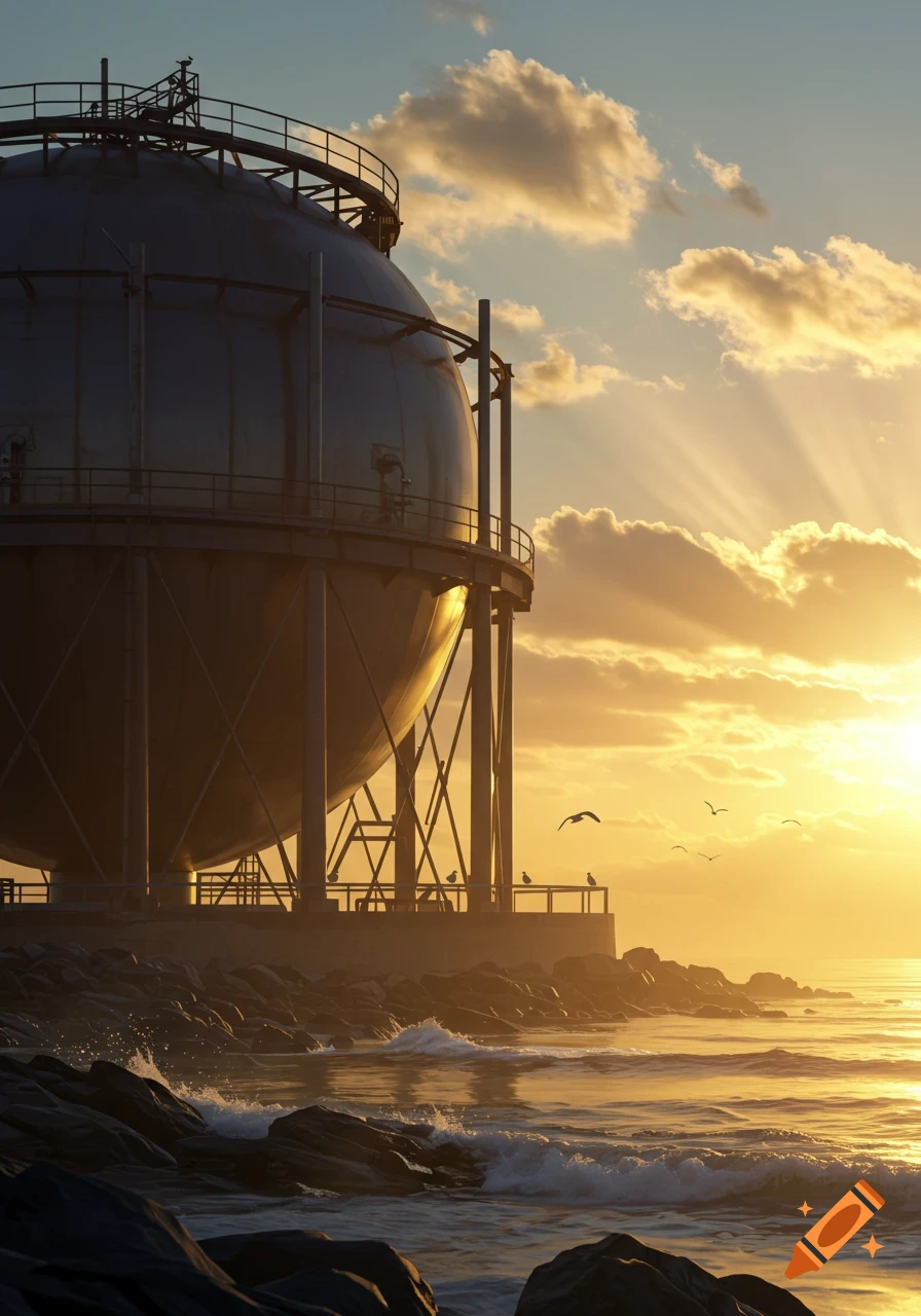 Photorealistic image of a large spherical gas storage tank by the rocky sea at sunset, with golden light and clouds.