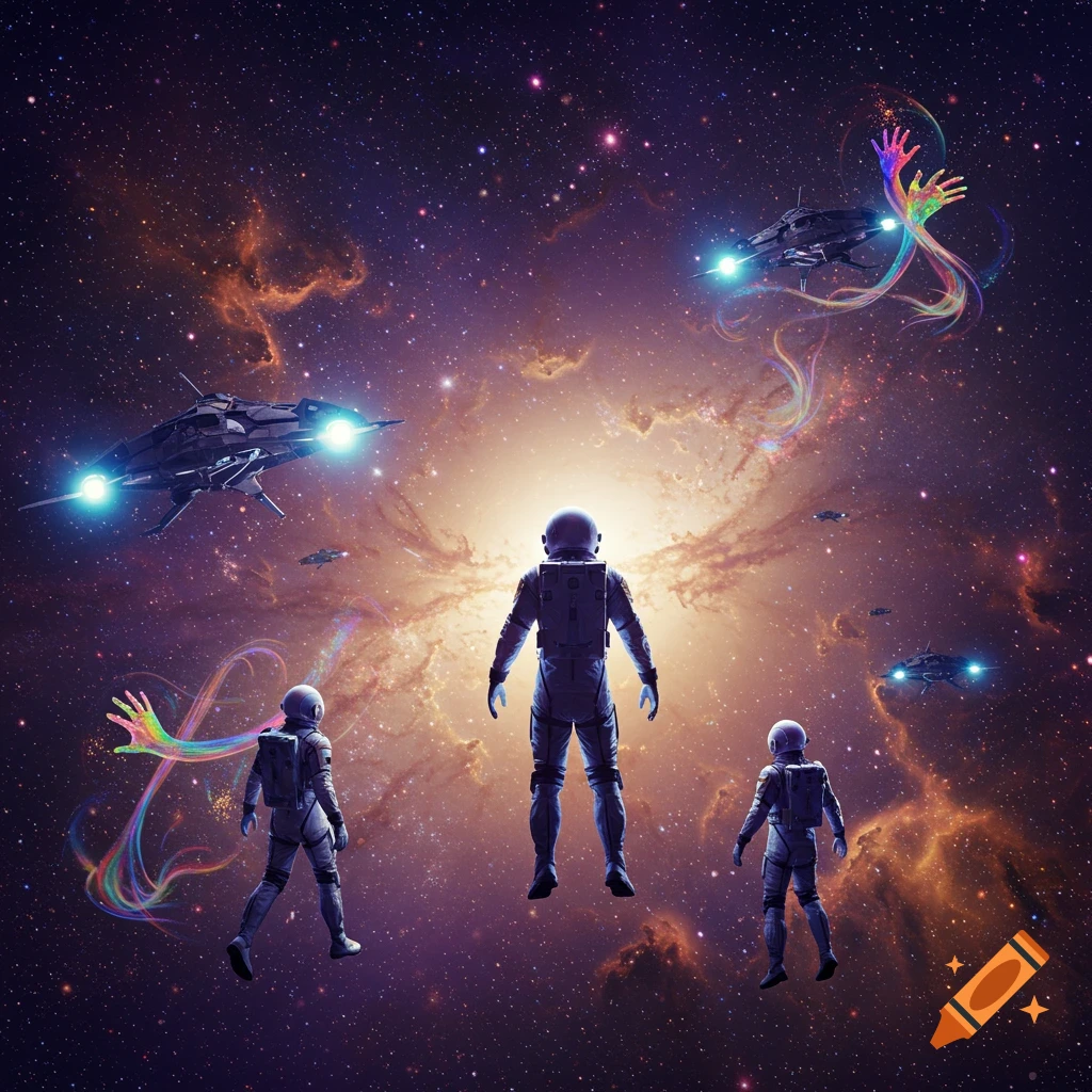 Three astronauts and spaceships float in a vibrant, star-filled nebula, with colorful, ethereal hands reaching out.
