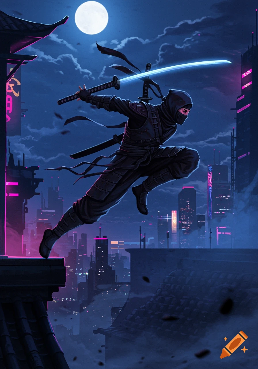An illustrated ninja leaps across neon-lit city rooftops at night, holding a glowing katana under a full moon.