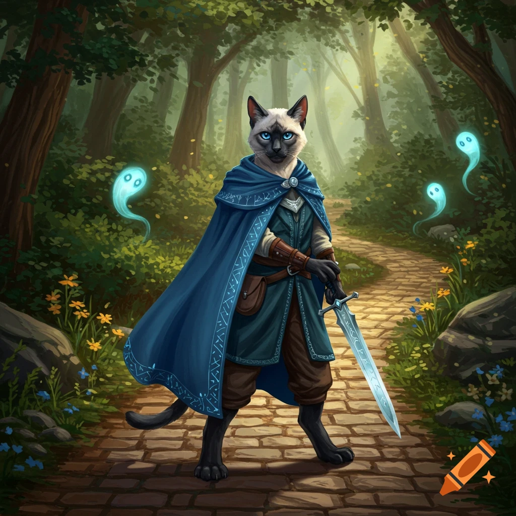 Siamese catfolk fantasy champion in a blue cloak, holding a glowing sword on an enchanted forest path with blue spirits, digital art.