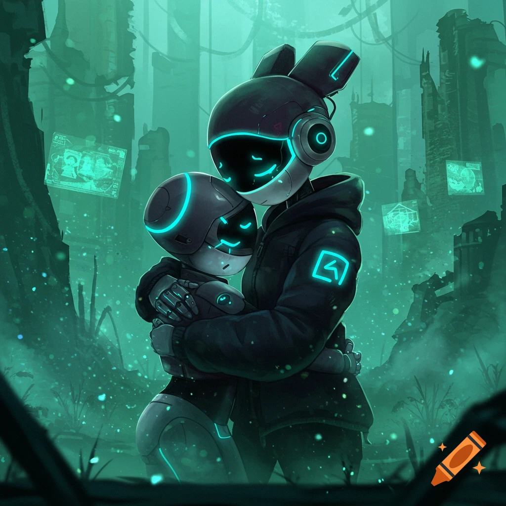A larger humanoid robot with glowing blue features hugs a smaller one in a dystopian, teal-toned futuristic city with floating data screens.