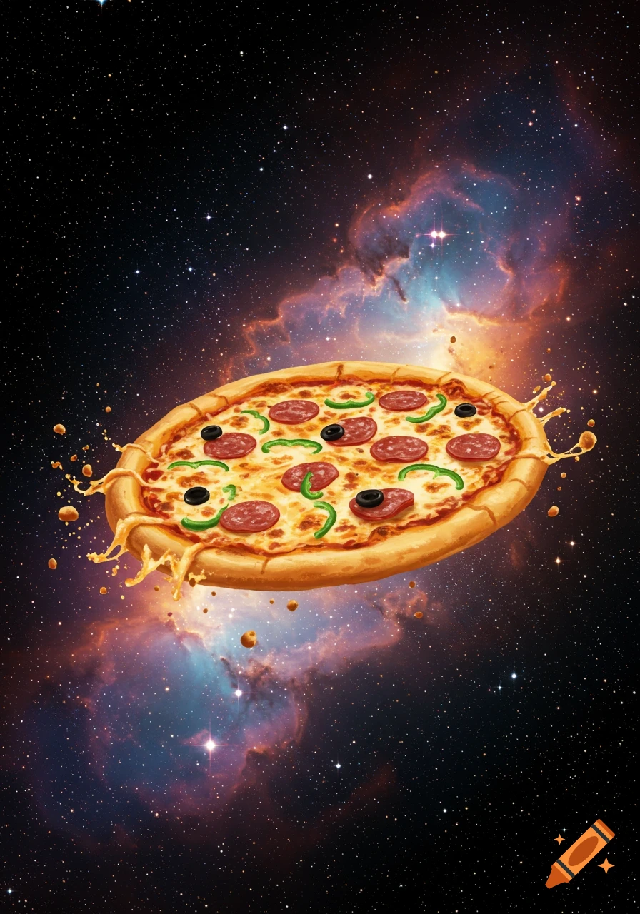 A stylized pepperoni and green pepper pizza with dripping cheese floats in a vibrant, star-filled nebula in space.