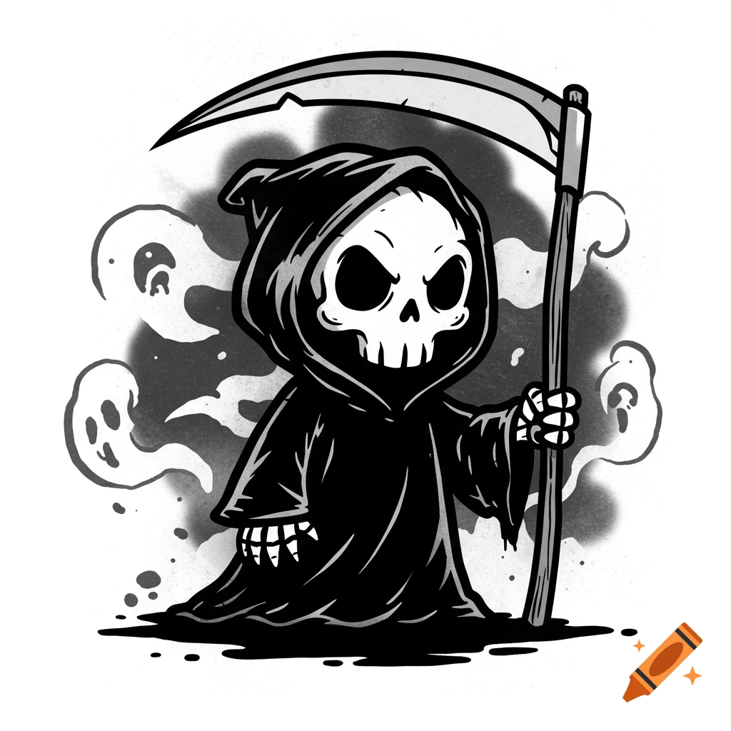 A black and white cartoon grim reaper character holds a scythe amidst smoke, in a stencil art style.