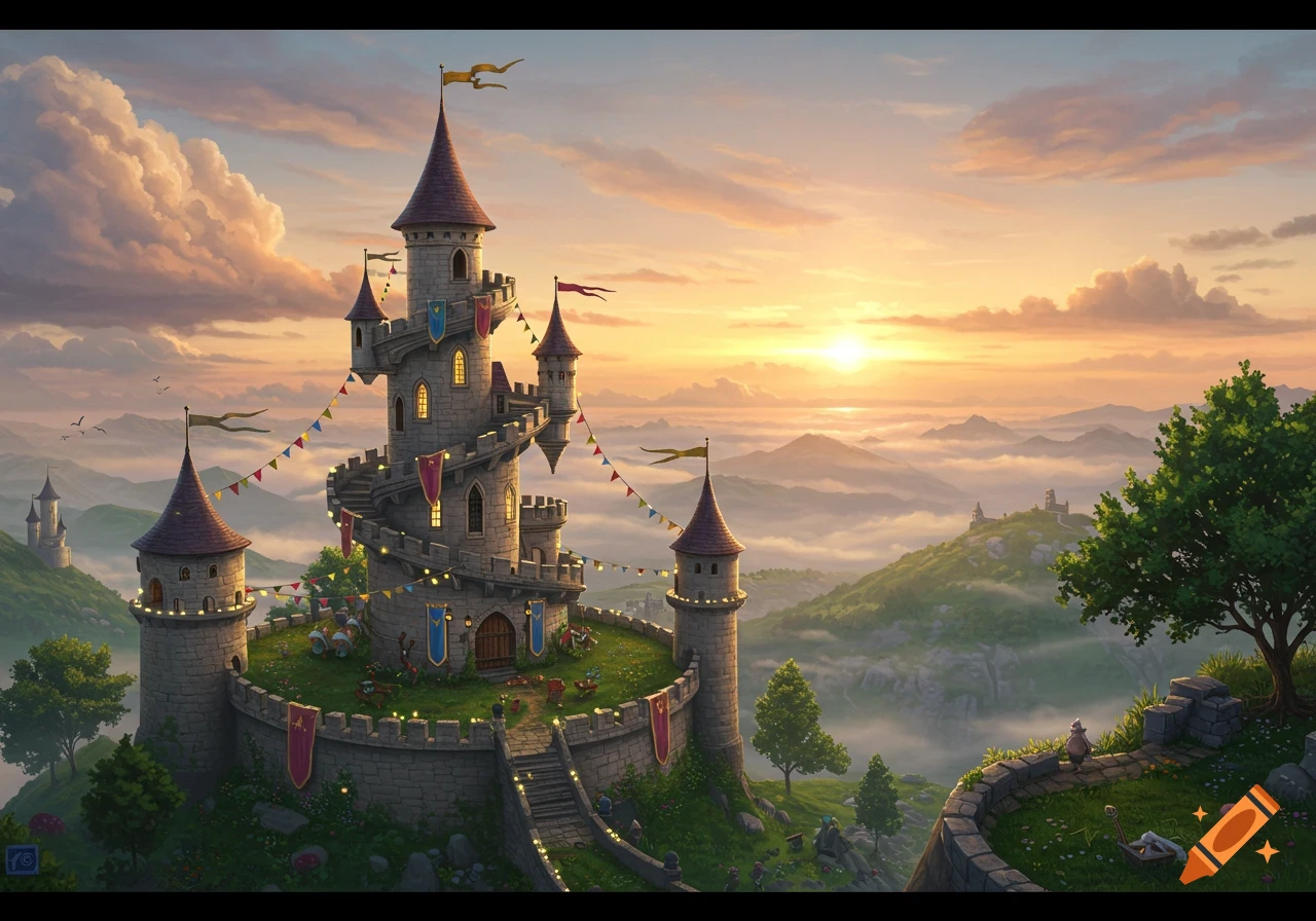 Whimsical fantasy castle on a hill with flags and banners, surrounded by misty mountains at sunset.