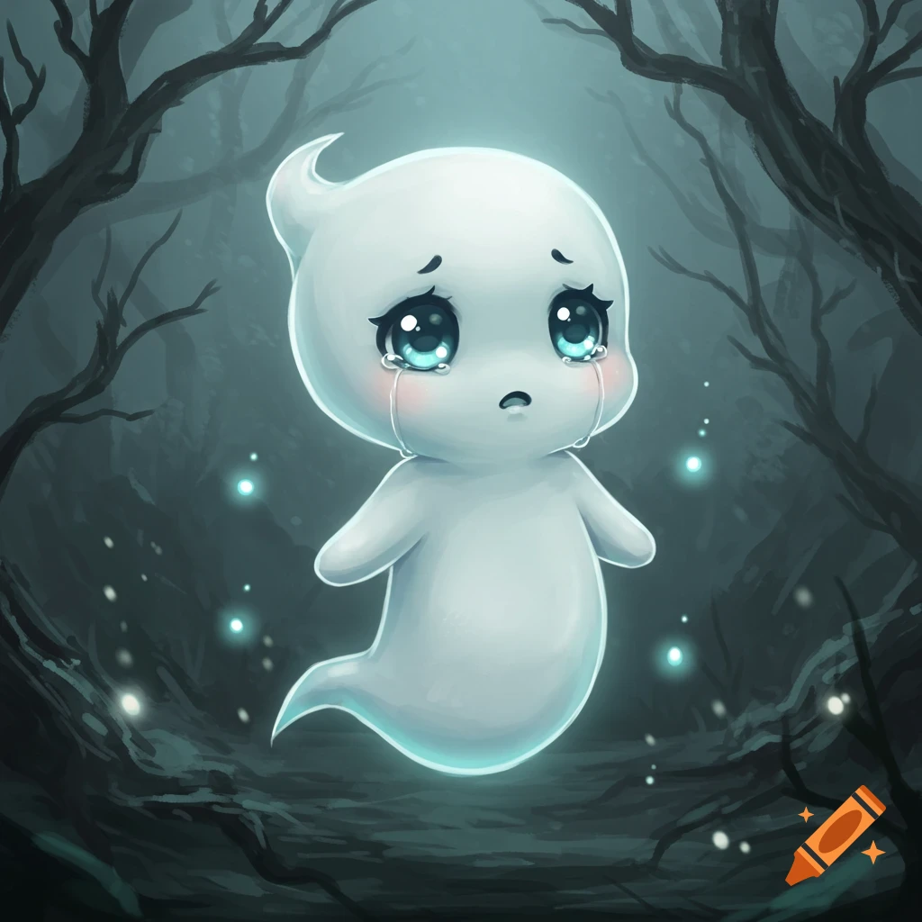 A sad, cute chibi ghost with big, teary eyes floats in a dark, misty forest with glowing lights.