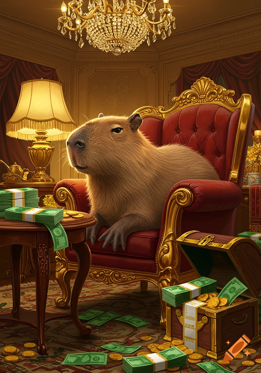 A capybara sits regally in a luxurious red and gold armchair, surrounded by stacks of money and gold coins on a table, floor, and in a treasure chest. An ornate chandelier hangs above.