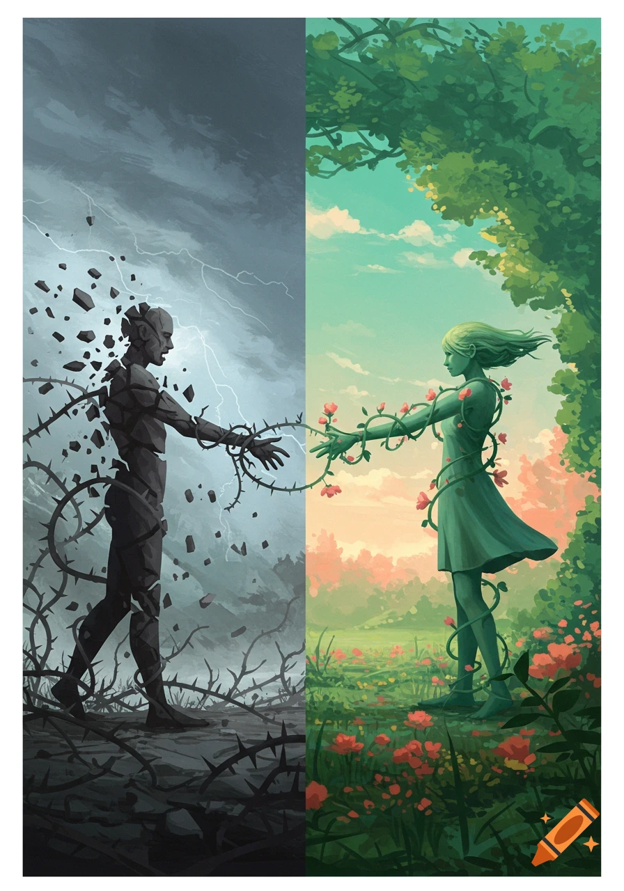 A symbolic illustration of duality with a dark, thorny figure on a stormy left and a green, flowering figure in a sunny garden on the right.