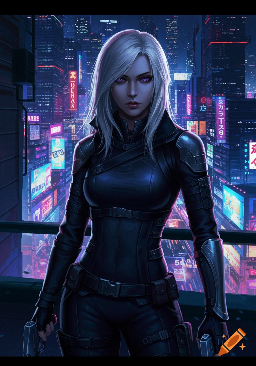 Silver-haired assassin with purple eyes in a dark leather outfit, holding pistols, overlooking a neon-lit cyberpunk city at night.