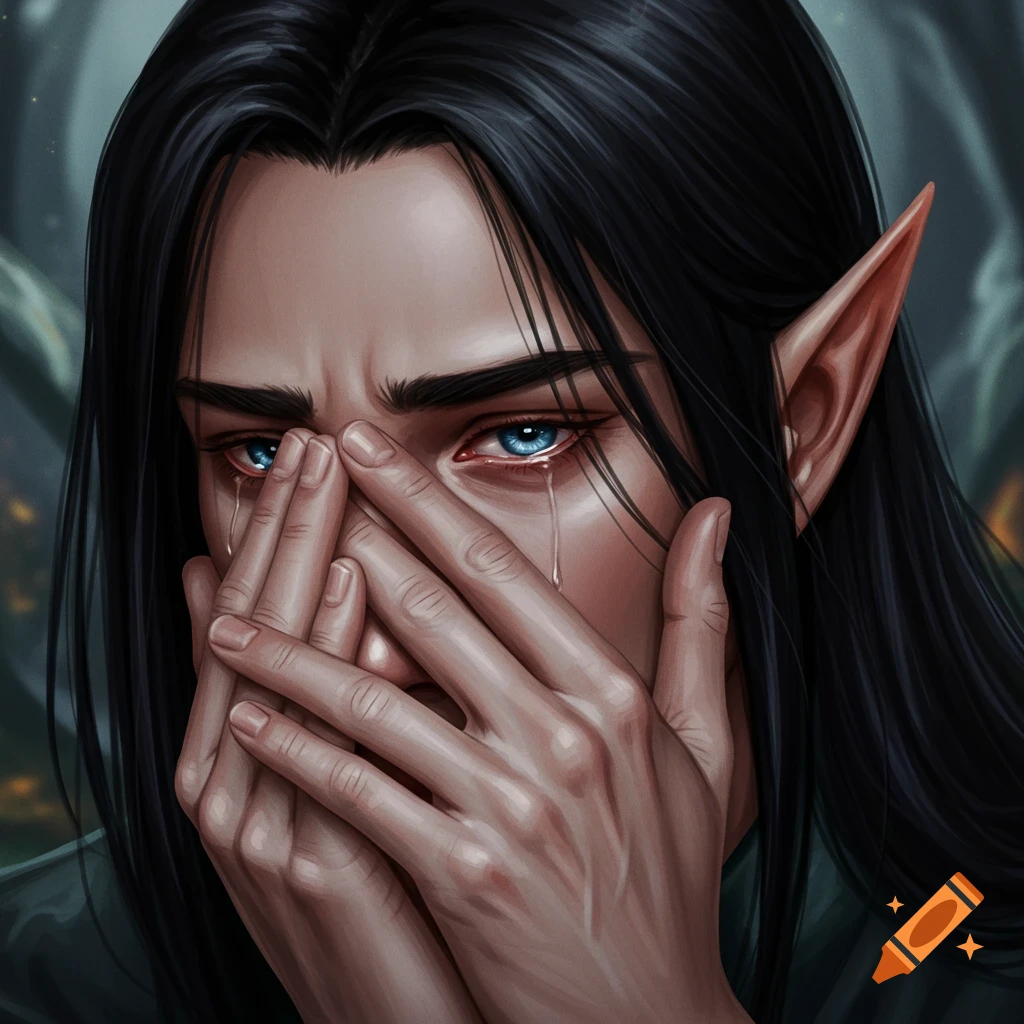 Close-up portrait of a crying young male elf with long black hair and pointed ears, covering his face with his hands, revealing one blue eye.