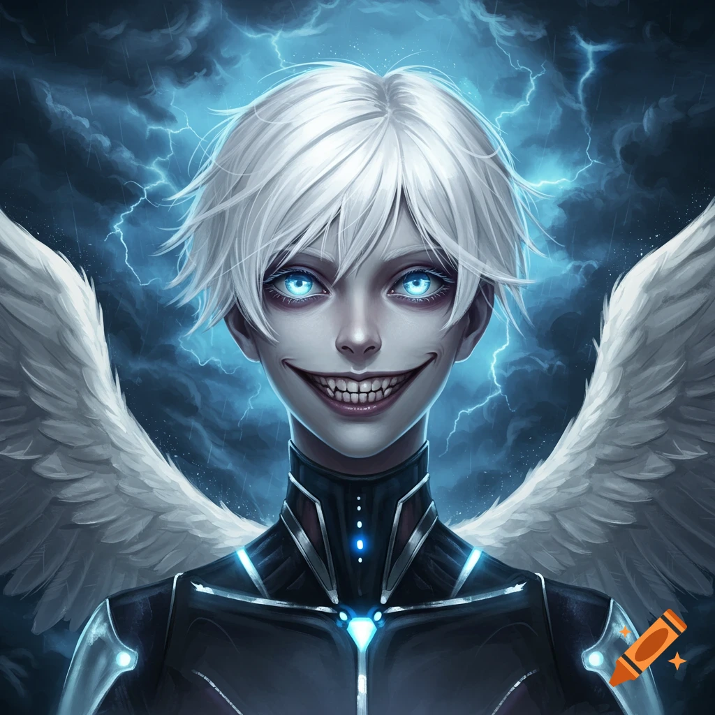 Anime character with white hair, glowing blue eyes, a wide evil smile, white wings, and a dark futuristic outfit, set against a stormy sky with lightning.