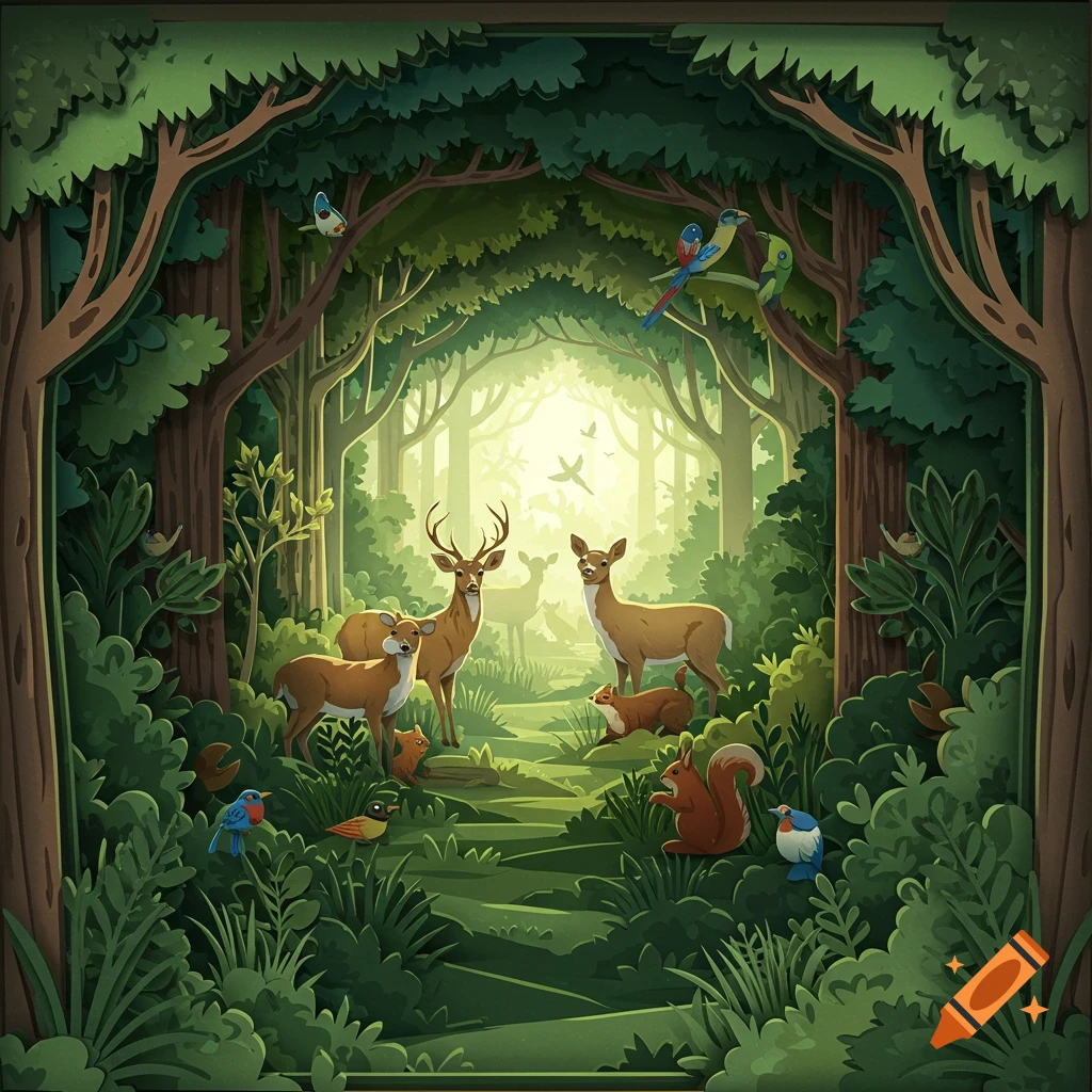 A vibrant 3D layered paper-cut illustration of a lush forest with a variety of animals including deer, a fox, a squirrel, and birds.