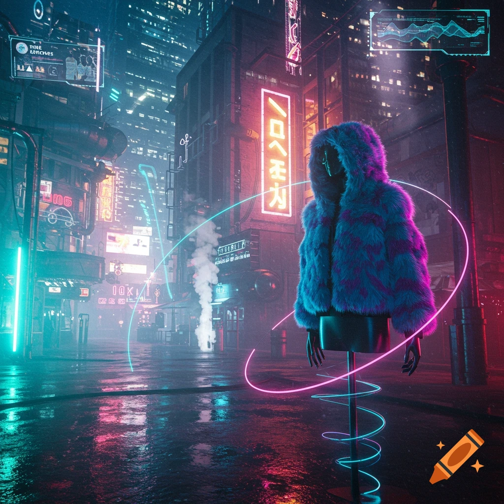 A mannequin in a fluffy blue and purple fur hoodie stands on a rainy, neon-lit cyberpunk city street at night.
