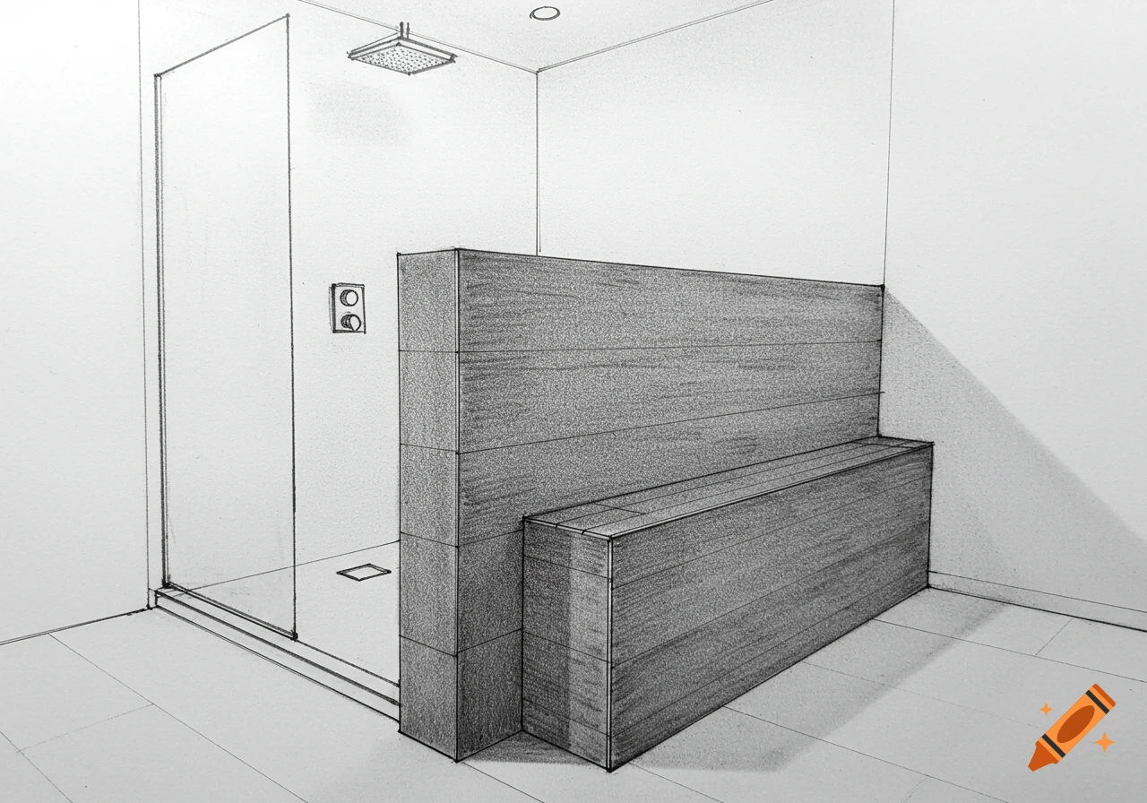 Pencil sketch of a modern bathroom shower with a glass enclosure, a knee wall, and a built-in bench.