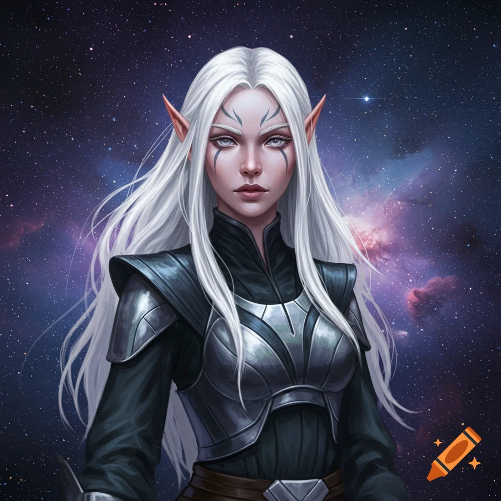 A white-haired female elf in futuristic armor against a starry night sky.