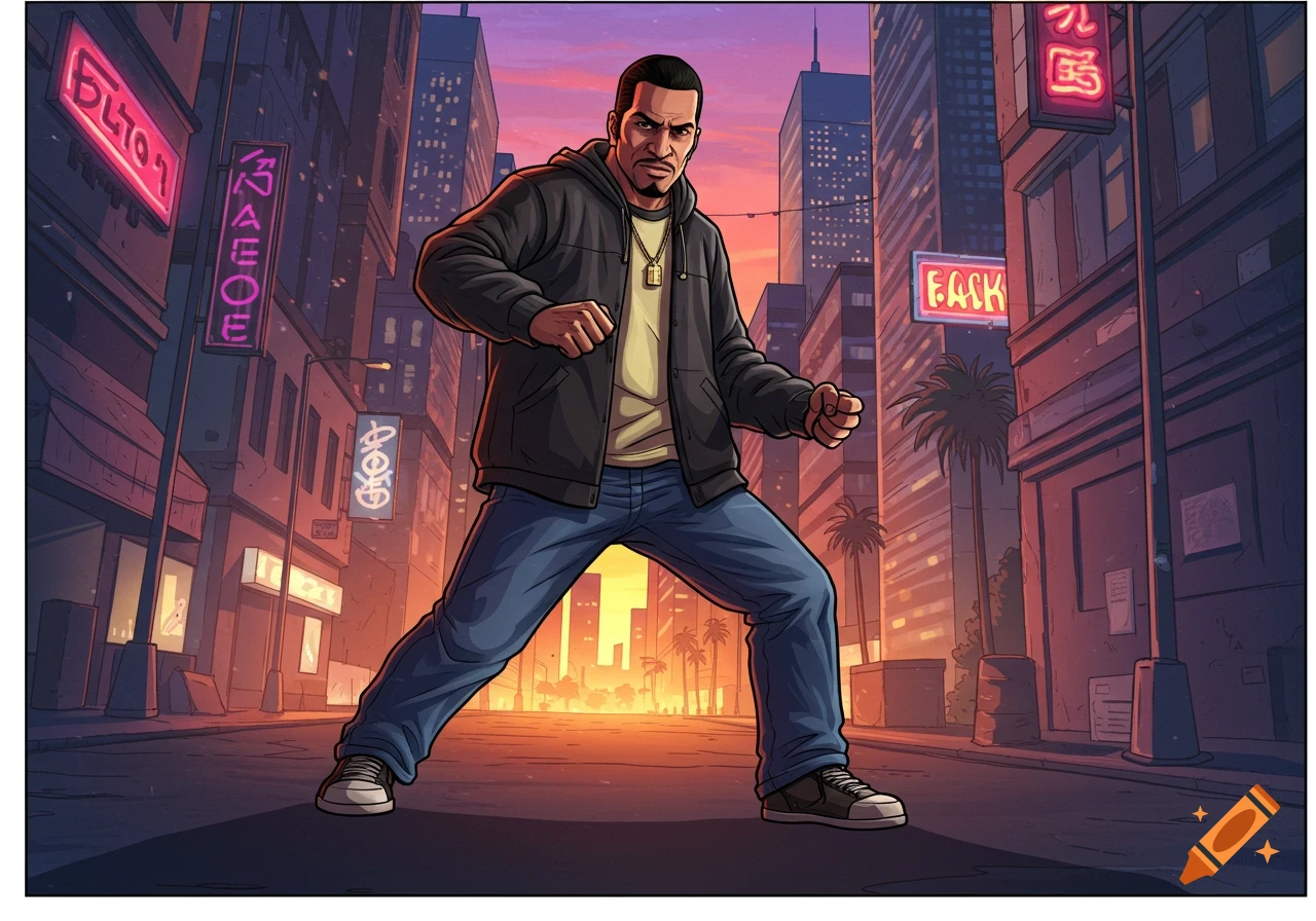 A stern man in a black jacket and jeans stands in a city street at sunset, with urban buildings and neon signs in a GTA-style illustration.
