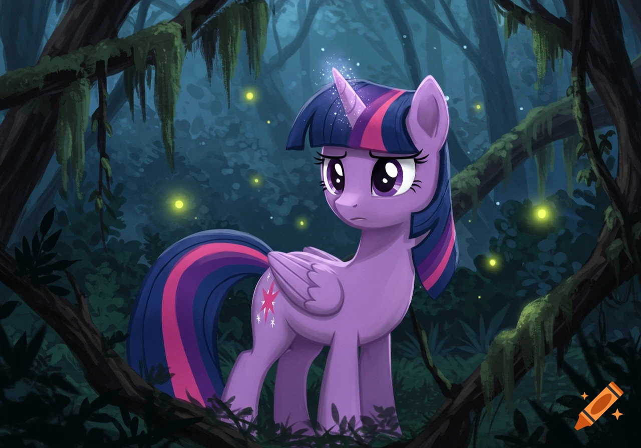 Purple alicorn pony Twilight Sparkle looks sad in a dark, mossy forest with glowing fireflies. Cartoon style.