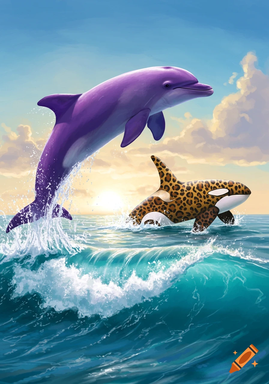A vibrant purple dolphin leaps from the ocean next to a leopard print killer whale, with a bright sunset behind them. Illustrated.